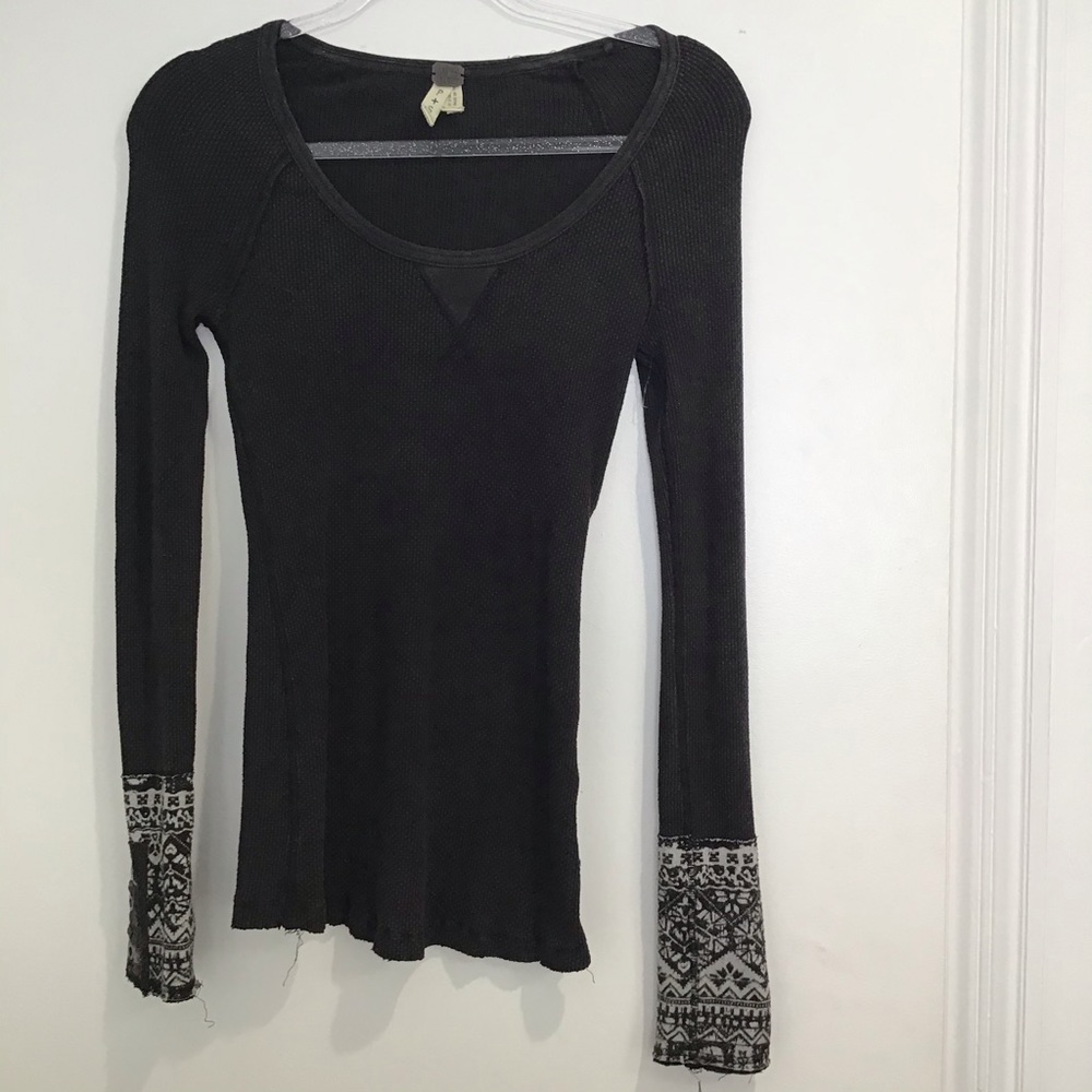 Free People Black Long Sleeve Thermal Top with Patterned Gray Cuffs